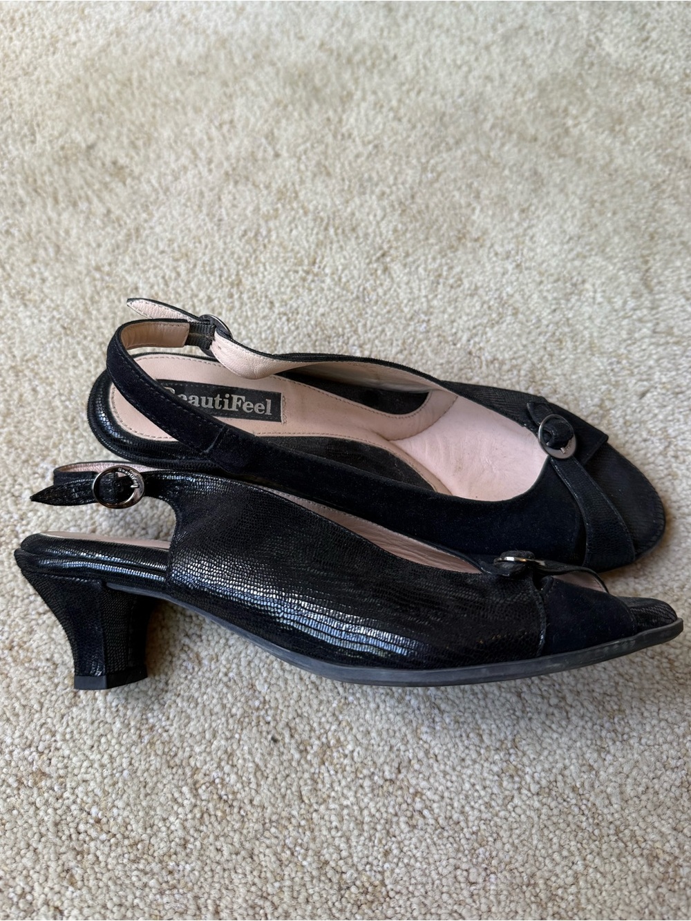 BeautiFeel Black Slingback Peep Toe Low Heel Pumps